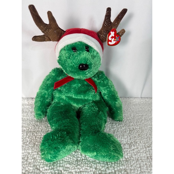 TY Beanie Babies 2002 Holiday Christmas Bear Reindeer Antlers Red Santa Hat 13" - Picture 1 of 13